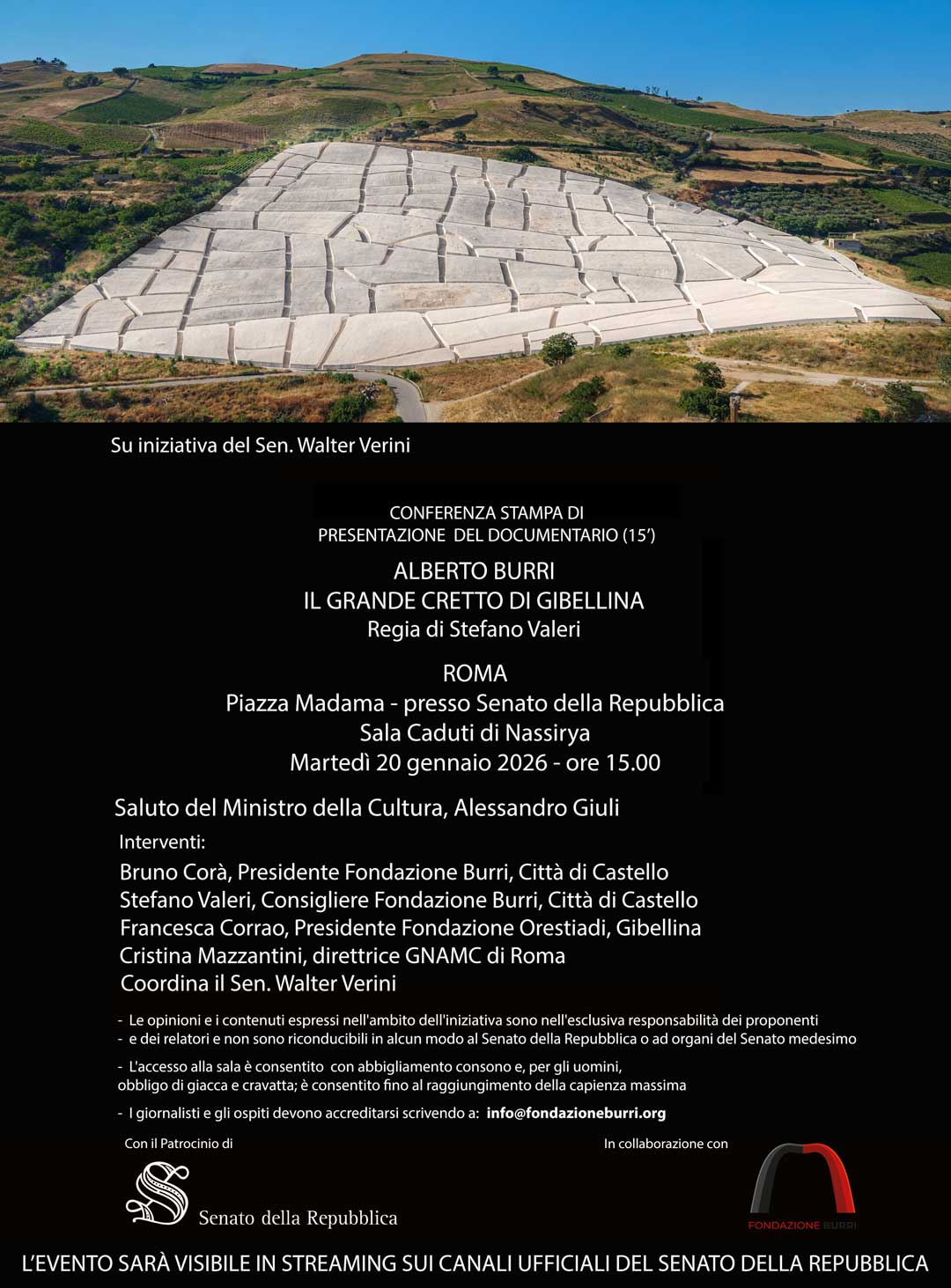 Locandina del docufilm sul Grande Cretto di Gibellina con regia di Stefano Valeri in proiezione al Senato della Repubblica