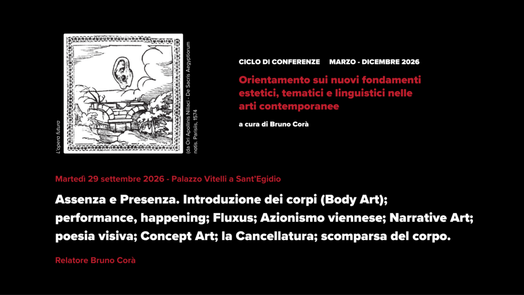 Locandina della conferenza «Assenza e Presenza» di Bruno Corà del 29 settembre 2026 a Palazzo Vitelli a Sant'Egidio